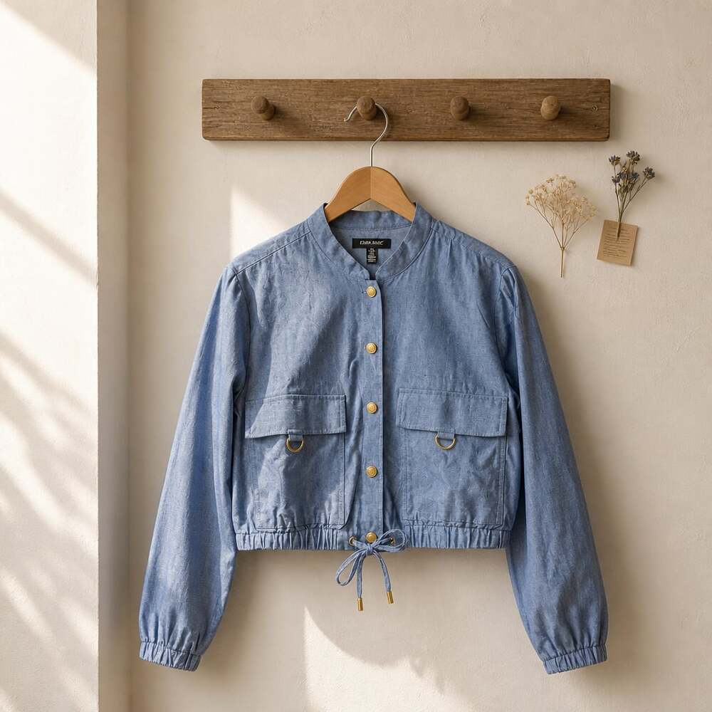 Ellen Tracy Blue Cropped Utility Bomber Jacket